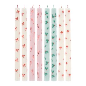 Festive Patterned Table Candles. Set of 8