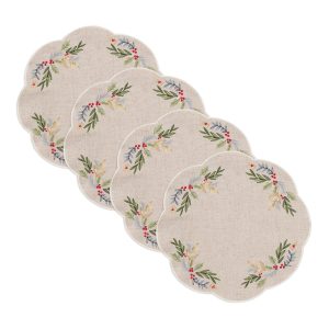 French Perle Holly Embroidered Placemats - Set Of 4