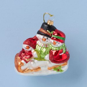 Blown Glass Snowmen On Sled Ornament