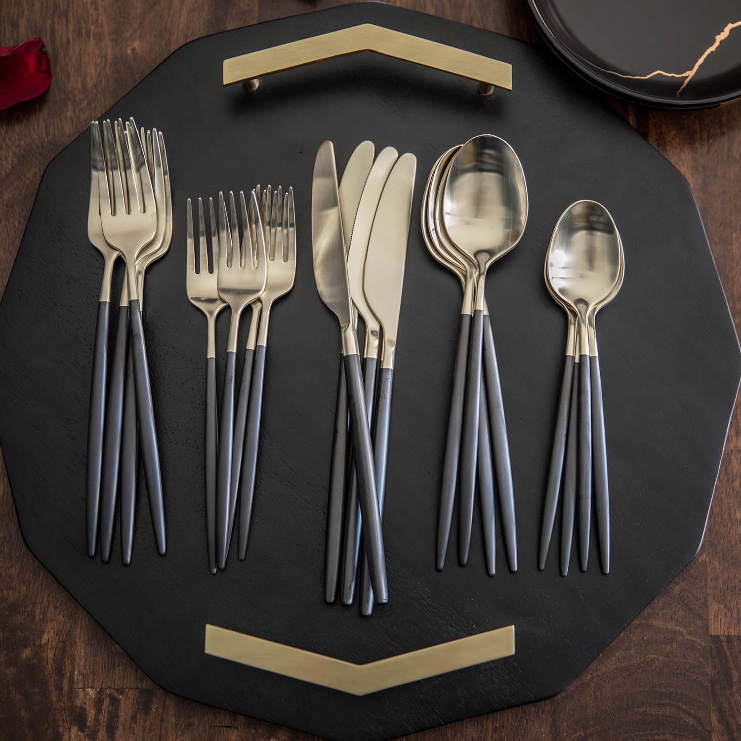 Gaze Black Champagne Satin 20 Piece Flatware Set - Image 2
